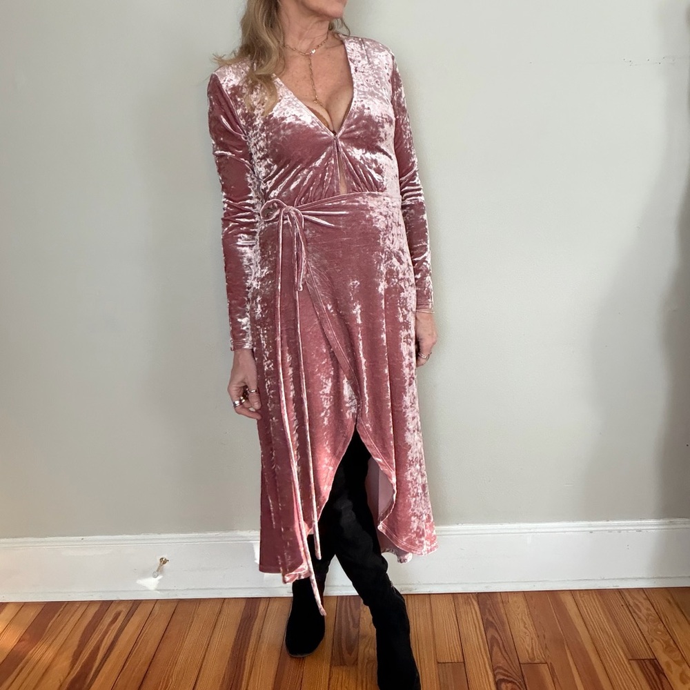 Lulus Enchant Me Blush Velvet Midi Wrap Dress
